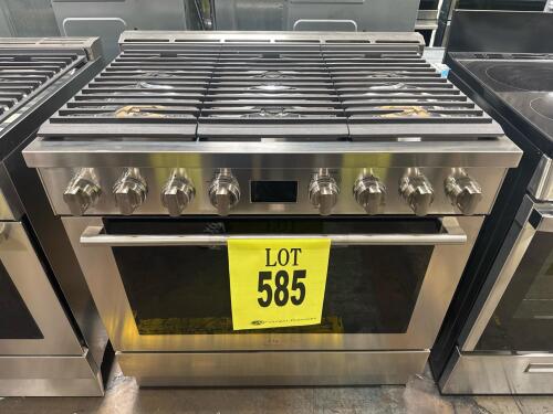 Electrolux ECFG3668AS 36" gas range featuring 6 burners and a 6.4 cu. ft. convection oven in stainless steel, cast iron grates, electronic ignition, oven racks included, 120V power, propane/natural gas compatible, oven self-cleaning, digital and knob cont