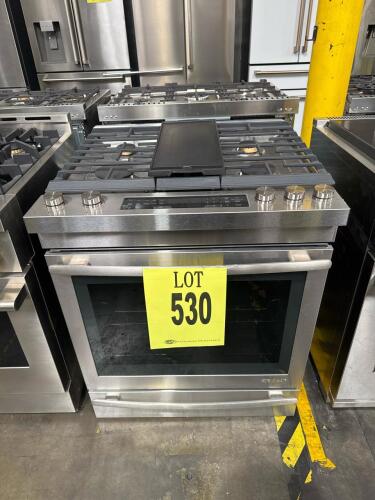 JennAir JGS1450FS0 30" Gas Slide-In Range featuring a 5.8 cu. ft. oven, 5 sealed burners including a 19,000 BTU Dual-Stacked PowerBurner, True Convection, AquaLift&reg; Self-Cleaning Technology, DuraFinish&trade; Protection, Telescoping Glide Rack, Brass Burners, a