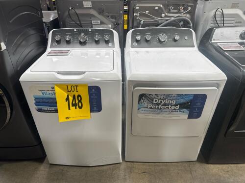 GE 4.2 cu. ft. Top Load Washer and 7.2 cu. ft. Gas Dryer set, models GTW48GASW0WB and GTD48GASWWB, white finish, washer features 13 wash cycles and deep fill, dryer with Auto Dry, large capacity, flexible venting, dimensions (washer: 44x27x27 in; dryer: 4