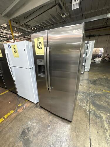 GE GSS25GYPECFS 25.3 cu ft side-by-side refrigerator in stainless steel with through-door ice and water, digital controls, LED lighting, adjustable shelves, filtered water, door alarm, includes original shelves, bins, and drawers, serial GT412154.