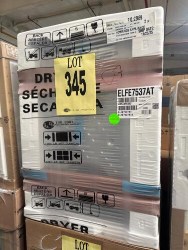 Electrolux ELFE7537AT electric clothes dryer, 8.0 cu. ft. capacity, front-load, titanium finish, made in Mexico, digital controls, 10 drying cycles, ENERGY STAR certified, LuxCare&reg; Dry System, reversible door, serial number 4D54315482.