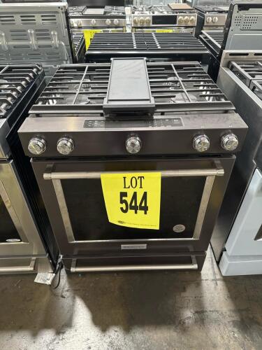 KitchenAid KSGG700EBS3 30-Inch 5-burner slide-in gas convection range, features EvenHeat True Convection, AquaLift self-clean, continuous interlocking grates, storage drawer, 17,000/10,000/9,200/8,000/5,000 BTU burners, dimensions 29.87" W x 36" H x 28.87