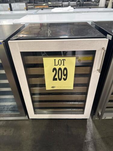 GE Monogram ZDWI240HAII wine cooler, 57 bottle capacity, single temperature zone, dimensions 34.25 in x 23.75 in x 23.75 in, digital controls, interior LED lighting, stainless steel and glass door, automatic defrost, R134a refrigerant, wooden pull-out she