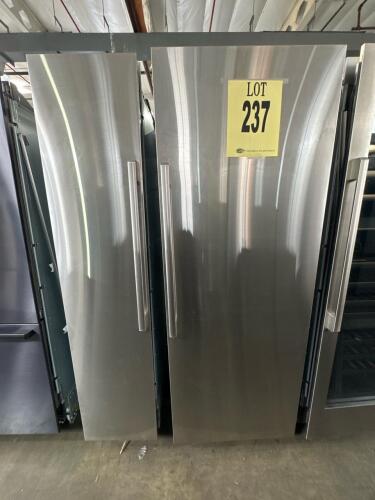 Dacor contemporary column set featuring 30" refrigerator (DRR30980RAP), 18" freezer (DRZ18980LAP), and 24" wine column (DRW24980RAP), stainless steel finish, ENERGY STAR&reg; rated, 17.6 cu. ft. refrigerator capacity, 9.6 cu. ft. freezer capacity, 99-bottle w