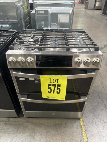 GE Profile PGS960YPFS 30" Slide-In Front-Control Gas Double Oven Range with WiFi, convection, air fry, fingerprint-resistant stainless steel, five burners (BTU range: 5,000&ndash;21,000), 7.0 cu ft total oven capacity (2.7 upper, 4.3 lower), SmartHQ app compati