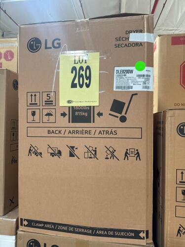 LG DLE8200W 7.3 cu. ft. electric dryer, white finish, digital touch controls, rear venting, reversible side swing door, made in Korea, 27 in x 29.25 in x 42.75 in (68.6 cm x 74.3 cm x 108.6 cm), approx. 129 lb (58.5 kg), 120/240V/26A, ENERGY STAR&reg; certifi