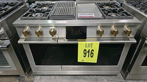 Monogram 48" Professional Gas Range ZDP484NGT1SS features 6 burners, dual fuel (natural gas/propane convertible), double ovens, convection, griddle, infrared grill, LED indicators, stainless steel finish, includes racks and griddle, model ZDP484NGT1SS, se