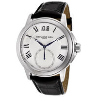 RAYMOND WEIL, MEN'S TRADITION BLACK GENUINE LEATHER WHITE DIAL WATCH, RW-9578-STC-00300 (IN ORIGINAL BOX) - MSRP: $1250 US