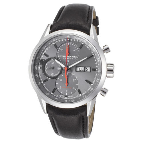 RAYMOND WEIL, MEN'S FREELANCER AUTO CHRONO BLACK GENUINE LEATHER GREY DIAL WATCH, RW-7730-STC-60112 (IN ORIGINAL BOX) - MSRP: $2950 US