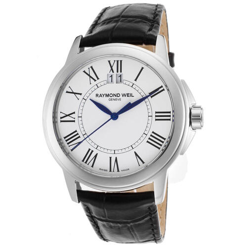 RAYMOND WEIL, MEN'S TRADITION 42 MM BLACK GENUINE LEATHER WHITE DIAL STAINLESS STEEL WATCH, RW-5576-ST-00300 (IN ORIGINAL BOX) - MSRP: $895 US