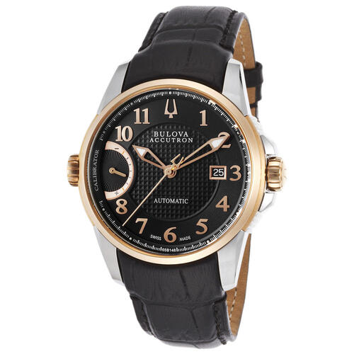 ACCUTRON BY BULOVA, MEN'S CALIBRATOR AUTO BLACK LEATHER AND TEXTURED DIAL SS ROSE-TONE BEZEL WATCH, ACCUTRON-65B148 (IN ORIGINAL BOX) - MSRP: $1650 US