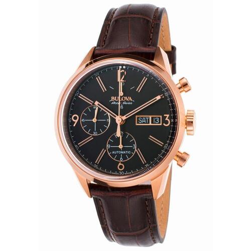 BULOVA ACCU-SWISS, MURREN, MEN'S MURREN AUTO CHRONO BROWN GEN. LEATHER BLACK DIAL ROSE-TONE SS WATCH, ACCUSWISS-64C106 (IN ORIGINAL BOX) - MSRP: $2275 US