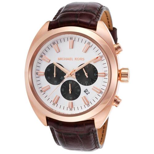 MICHAEL KORS, DEAN, MEN'S DEAN CHRONO DARK BROWN GENUINE LEATHER SILVER-TONE DIAL WATCH, MKORS-MK8271 (IN ORIGINAL BOX) - MSRP: $250 US