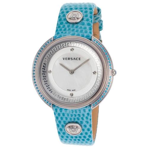 VERSACE, THEA, WOMEN'S THEA DIAMOND LIGHT BLUE GENUINE LIZARD WHITE MOP DIAL SS WATCH, VERSACE-VA710-0014 (MSRP $2395) (IN ORIGINAL BOX)