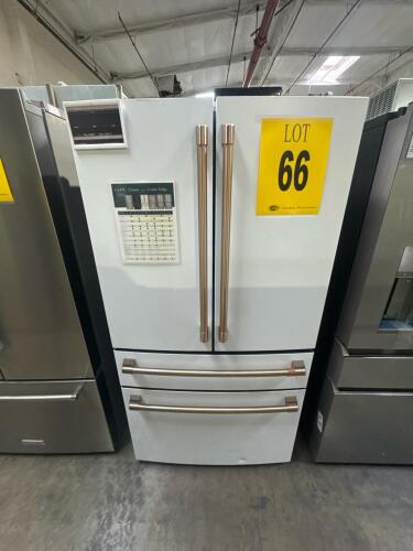 Caf&eacute; CJE23DP4WBW2 23.2 Cu. Ft. 4-Door French-Door Refrigerator, featuring a counter-depth design, ENERGY STAR certification, dual-dispenser with autofill pitcher, bottom freezer with drawers, and smart connectivity. Serial Number: SZ139418, RETAIL: $4999