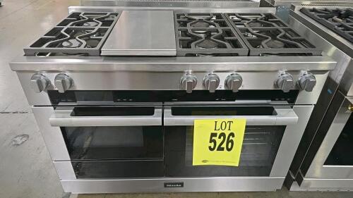 Miele HR1956-3G DFGD 48-inch Dual Fuel Range featuring 6 burners, griddle, and speed oven, includes M Touch controls, Moisture Plus for optimal baking and roasting, Wireless Precision Probe for accurate cooking temperatures, self-cleaning oven with PyroFi