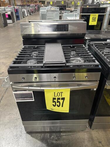 Samsung NX60A6511SS/AA 6.0 cu. ft. Smart Freestanding Gas Range features Air Fry, convection oven, Wi-Fi connectivity, 5 burners (LF 17,000 BTU, RF 18,000 BTU, LR 9,500 BTU, RR 5,000 BTU, CTR 10,000 BTU), stainless steel finish, dimensions 29 15/16 x 28 1