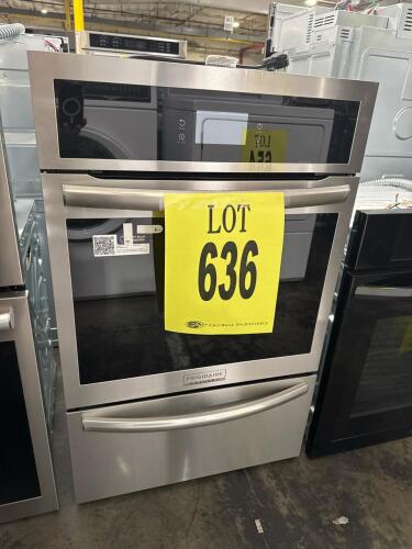 Frigidaire GCWG2438AF gas-fired wall oven with broiler, stainless finish, 120V/15A, 2.9 cu. ft. capacity, 29"H x 23.9"W x 25.7"D, conversion kit included, UL Listed, broiler NG/LP BTU 8700/10500, electronic controls, self-clean, serial 9F31351273, RETAIL: