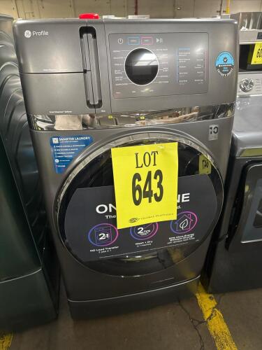 GE Model: PFQ97HSPV0DS A high-efficiency all-in-one washer and dryer combo , featuring SmartDispense detergent auto-dosing, WiFi connectivity, ventless heat pump technology, and a 4.8 cu. ft. stainless steel drum. ENERGY STAR certified and designed for co