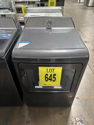 GE Profile PTD60GBPR0DG Gas Dryer, 7.4 cu. ft. capacity, Diamond Gray finish, digital controls, features include Washer Link, Sensor Dry, Sanitize Cycle,, Download Additional Cycles, My Cycle, Damp Notification, Eco Dry, ENERGY STAR&reg; qualified, Serial Num