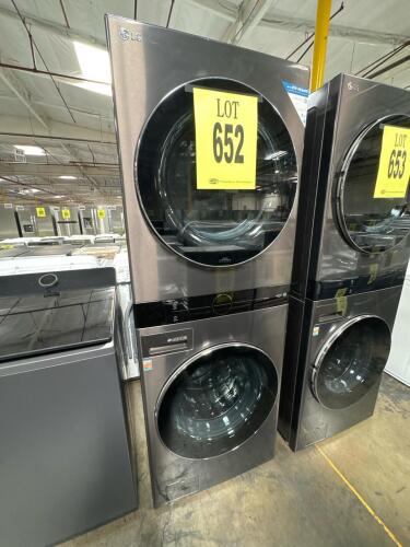 LG WashTower&trade; WKGX201HBA featuring a 4.5 cu. ft. washer and 7.4 cu. ft. gas dryer, Black Steel finish, AI Technology for optimal wash &amp; dry settings, TurboWash&trade; 360&deg;, Allergiene&trade; Wash Cycle, TurboSteam&trade;, ThinQ&reg; Smart Technology, NeveRust&trade; Stainless St