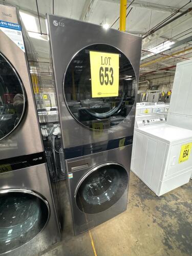 LG WKGX301HBA Gas Dryer, 7.4 cu. ft. capacity, Black Steel, ThinQ Smart connectivity, 27&rdquo; wide, stackable WashTower design, TurboSteam, Wi-Fi enabled, Sensor Dry, 120V/15 Amps, electronic touch controls, aluminized alloy steel drum, 4-way venting. Serial 