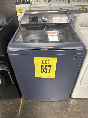 GE Profile PTW900BPT0RS 5.4 cu ft top load washing machine features SmartDispense&trade; technology, WiFi enabled controls, 12 wash cycles, 800 RPM max spin speed, ENERGY STAR&reg; certified, 120V operation, Carbon Graphite finish, serial number GV121683G.