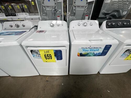 GE 4.0 cu. ft. Top Load Washer GTW325ASW0WW and 6.2 cu. ft. Gas Dryer GTX33GASK1WW - matching white laundry set featuring water level control, 11 wash cycles, stainless steel washer basket, auto dry, aluminized dryer drum, large capacity, rotary controls,