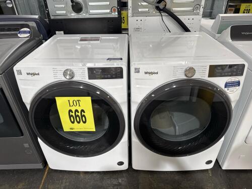 LOT (2) Whirlpool WGD5720RW0 7.4 cu. ft. front load gas dryer with ENERGY STAR certification, Smart Capable features, Wrinkle Shield technology, AI Intelligent Dry, Quick Wash &amp; Dry, 20,000 BTU/hr, 120V, 36 cycle options, and powder-coated drum. Dimen