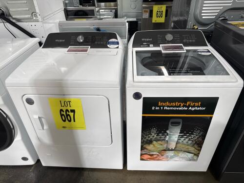 Whirlpool 7.0 cu.ft. Gas Dryer WGD5050LW0 Top Load Washer WTW5057LW0, both in white finish, featuring 2-in-1 removable agitator, moisture sensing, steam function, quick wash/dry cycles, rotary &amp; electronic controls, stainless steel washer drum,, wash