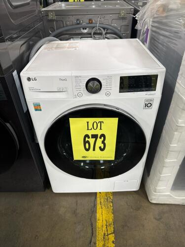 LG WM1455HWA 2.4 cu. ft. Front Load Washer featuring AI Fabric Sensor, Steam Technology, TrueBalance&trade; Anti-Vibration System, NeveRust&trade; Stainless Steel Drum, Tempered Glass Door with Chrome Trim,, 120V 10 Amps. Serial Number: 112PNDW5Q882, RETAIL: $1539