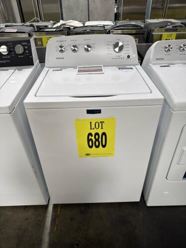 Maytag MVW4005SW0 top load washing machine featuring a 4.3 cu. ft. capacity, rotary knob controls, deep fill option, power agitator, assembled in the USA, 120V 6A 60Hz, UL certified, dimensions 44"x27.25"x27", weight 122 lbs, white finish, serial CE020533