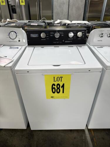 Maytag MVWP586GW0 commercial top load washer, features 3.5 cu ft capacity, 120V, 27" width, stainless steel drum, UL certification, mechanical controls, 700 RPM spin speed, deep water wash function, white finish. Serial number: CC1600506, RETAIL: $1149