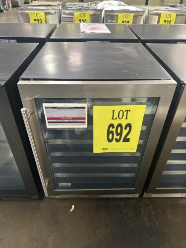 Zephyr PRW24C01CG 24" Single Zone Wine Cooler, featuring a 53-bottle capacity, dual-pane Low-E Argon-filled glass door, full-extension black wood racks with stainless steel trim, 3-color LED light strips (Cloud White, Deep Blue, Amber), 3-color electronic