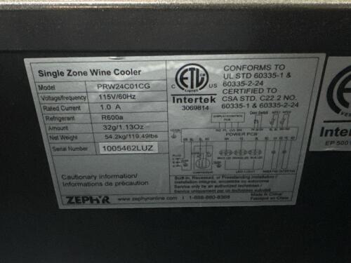 Zephyr PRW24C01CG 24" Single Zone Wine Cooler, featuring a 53-bottle capacity, temperature range of 38&deg;F &ndash; 65&deg;F, dual-pane Low-E argon-filled glass door, 6 full-extension black wood racks with stainless steel trim, 3-color electronic touch controls, 3-col