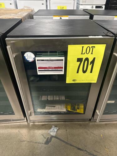 U-Line UHWC124-SG01A 24" Wine Refrigerator, featuring a 48-bottle (750 ml) capacity, 5.5 cu ft volume, LowE coated argon gas filled dual thermopane glass door, five three-quarter extension black vinyl coated wine racks, dimensions: 34 1/8" H x 23 15/16" W