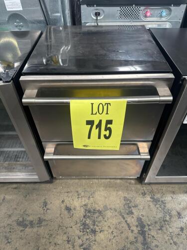 GE Monogram ZIDS240NDSS Double-Drawer Refrigerator, featuring digital touch controls, full-extension slide-out drawers, adjustable dividers, fold-down shelf, removable drawer bin, soft interior LED lighting, flush installation, 120 V, 60 Hz, 1.2 A, R600a 