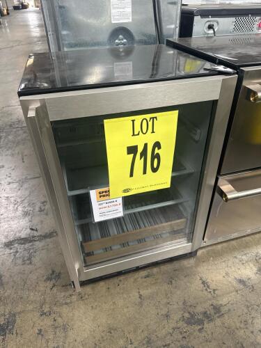 GE ZDBR240NABS 5.5 cu. ft. Stainless Steel Beverage Center featuring removable spillproof glass shelves, flush installation, reversible door swing, stainless steel tubular handle, and soft interior lighting. Serial Number: VM071874. $2500