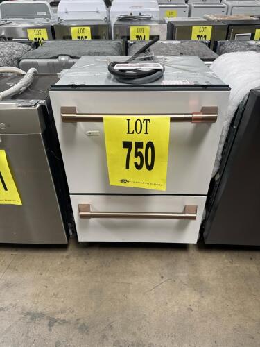Caf&eacute; CDD420P4T0W2 Double Drawer Dishwasher, featuring 14 place settings, 6 wash cycles, fan assist dry, knock to pause, delay start, active flood protection, adjustable racks, assembled in Thailand. Serial Number: ST705530P.