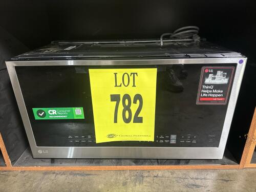LG MVEL2033F Over-the-Range Microwave, manufactured May 2022, 1050W power output, 2.0 cu. ft. capacity, 29.88" x 16.44" x 17.94", 63.3 lbs, EasyClean interior, 400 CFM ventilation, sensor cook, child lock, stainless steel finish, UL listed, AHAM certified