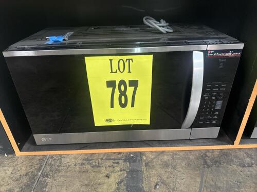 LG MVEM1825F over-the-range microwave oven, 1.8 cubic feet capacity, 1000W power output, 120V, 14A, manufactured February 2023, country of manufacture: China, dimensions: 29.88 x 16.44 x 15.88 in (75.9 x 41.8 x 40.3 cm), weight: 55.1 lbs (25 kg), Serial N
