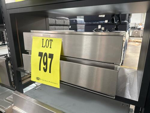 LOT OF 2 JennAir JJD3024HL and JJD3024HM 24" Warming Drawer featuring concealed electro-mechanical controls, 400W heating element, temperature range of 90&deg;F to 160&deg;F, smooth close full-extension drawer, glass-bottom design, and slow cook function. Serial
