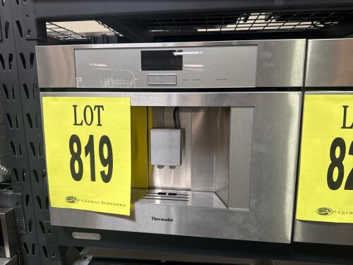 Thermador TCM24TS Built-In Fully Automatic Coffee Machine, featuring a full-color TFT display, integrated milk system with hose, 1 lb bean hopper capacity, removable water tank for up to 10 cups, ceramic disk grinding system, and Wi-Fi connectivity via Ho