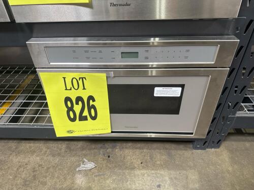 Thermador MD24WS/04 24" Built-in Drawer Microwave featuring 1.2 cu. ft. capacity, 950W power output, glass touch control with blue LCD display, sensor cooking, 10 cooking modes including Melt, Soften, and Keep Warm, touch "open" and "close" mechanism, flu