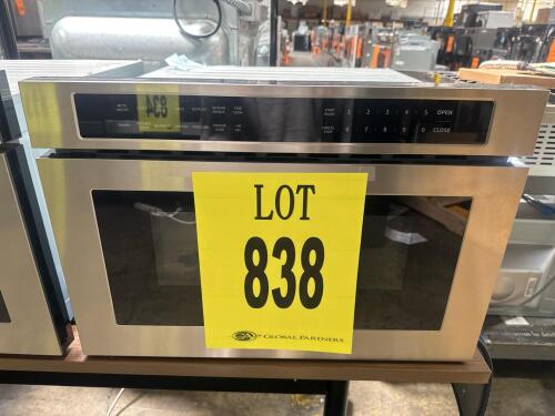 Zephyr MWD2401AS 24" Microwave Drawer featuring 1.2 cu ft capacity, 1000W output, 304-grade stainless steel with Easy Clean Coating, built-in installation, electronic touch controls with LCD, touch open/close, sensor cooking, preset cooking options, built