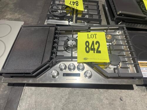 GE Monogram 36" Gas Cooktop model ZGU36ESL2SS featuring 5 sealed burners (center 17,000 BTU), stainless steel finish, electronic ignition with automatic reignition, assembled in the USA, 120V 5.0A, certification: cULus/ANSI Z21.1/CSA 1.1-2016, dimensions:
