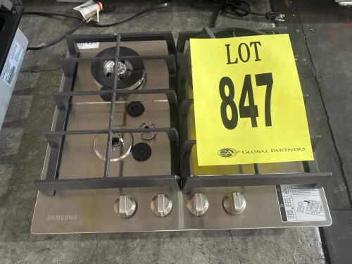 Samsung 24" Stainless Built-in Gas Cooktop NA24T4230FS/AA, features 4 sealed burners, total 33,000 BTU output (natural gas), cast iron grates, electronic ignition, front knob control, 120V connection, stainless steel finish, compact built-in design, made 