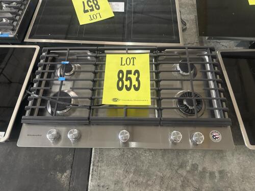 KitchenAid KCGS956ESS 36-inch 5-Burner Gas Cooktop with Griddle, featuring a 20,000 BTU Professional Dual Ring Burner, 10,000 BTU Even-Heat&trade; Torch Burner, 6,000 BTU Even-Heat&trade; Simmer Burner, removable griddle, full-width cast-iron grates, multi-finish bac