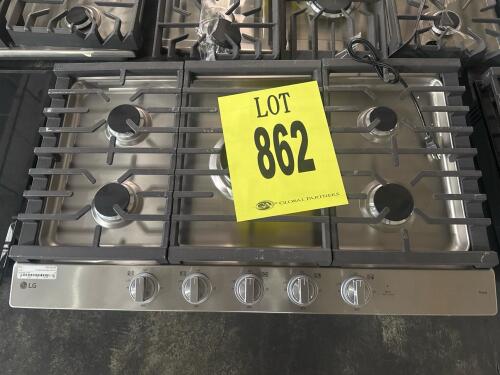LG CBGJ3627S 36" Smart Gas Cooktop featuring 5 sealed burners, including a powerful 22,000 BTU UltraHeat&trade; dual burner, Wi-Fi connectivity via LG ThinQ&reg; Technology, front center knob controls with LED illumination, EasyClean&reg; stainless steel surface, conti
