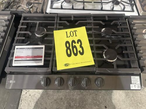 LG CBGJ3023D 30" Gas Cooktop featuring 5 sealed burners, UltraHeat&trade; 20K BTU center burner, continuous cast-iron grates, auto reignition, EasyClean&reg; stainless steel cooktop, built-in installation,Serial Number: 404KMVPOF183. $1200
